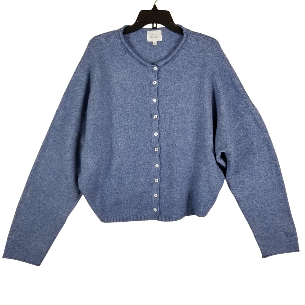 Things Between Womens Blue Wool Blend Button Front Knit Cardigan Sweater Size L